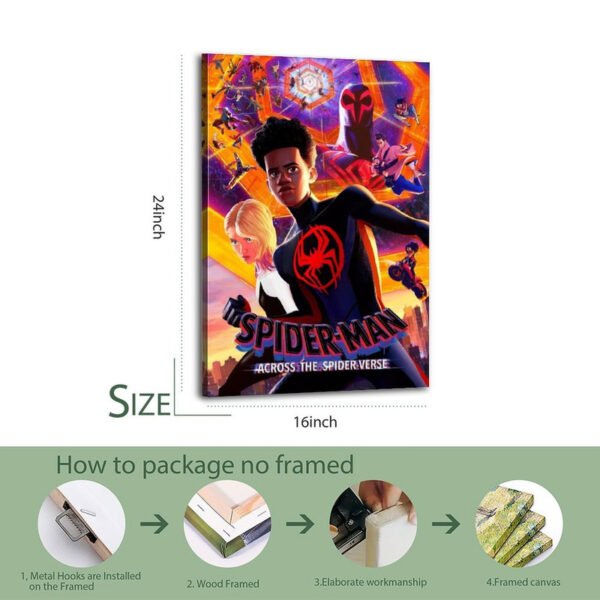 Spider-Man Across the Spider-Verse 16x24 inch canvas print with unframed packaging process guide showing installation steps and craftsmanship details.