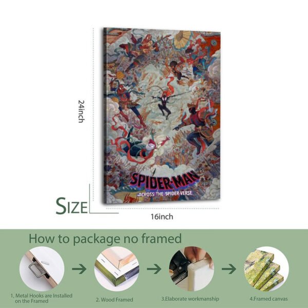 Spider-Man: Across the Spider-Verse 16x24 inch canvas print with detailed 4-step packaging process showing metal hooks installation, wood framing, elaborate workmanship, and final framed canvas preparation.