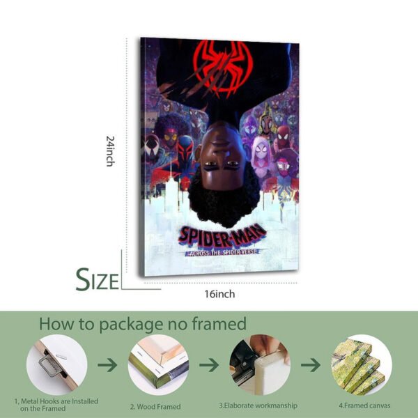 Spider-Man canvas print 16x24 inch with professional framing process showing metal hooks, wood frame, and packaging steps.