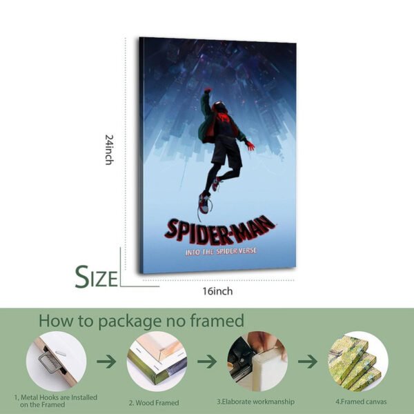 Spider-Man Into the Spider-Verse 16x24 inch canvas print with step-by-step installation guide showing metal hooks, wood frame, and mounting process.