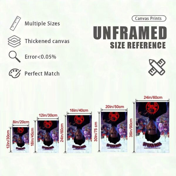 Spider-Man canvas print size chart showing 5 different dimensions from 8x12 to 24x36 inches with quality specifications.