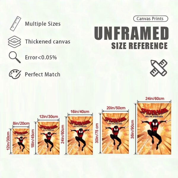 Spider-Man Into the Spider-Verse canvas print size reference chart showing five different dimensions from 8x12 to 24x36 inches with quality specifications.