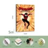 Spider-Man Into the Spider-Verse 16x24 inch framed canvas print with 4-step packaging process showing metal hooks installation and wood framing.