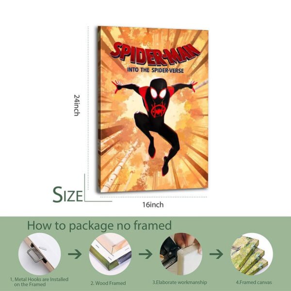 Spider-Man Into the Spider-Verse 16x24 inch framed canvas print with 4-step packaging process showing metal hooks installation and wood framing.