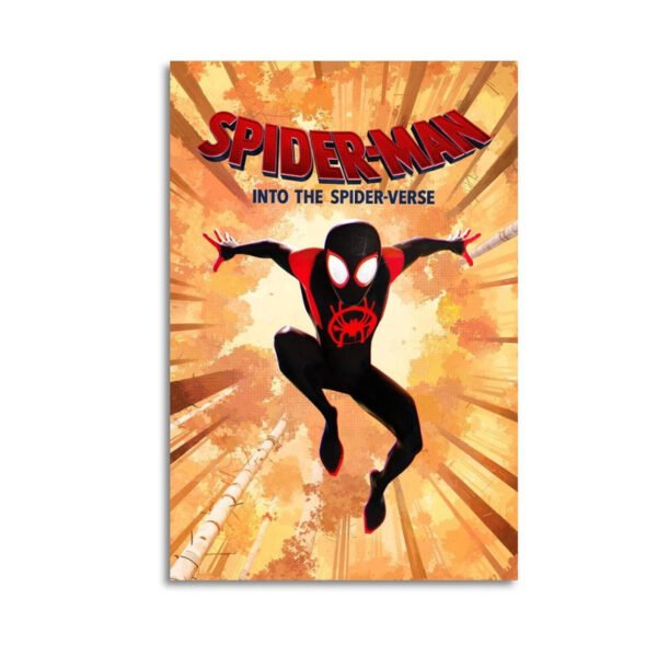 Spider-Man Into the Spider-Verse canvas print featuring Miles Morales in action pose with vibrant sunburst background.