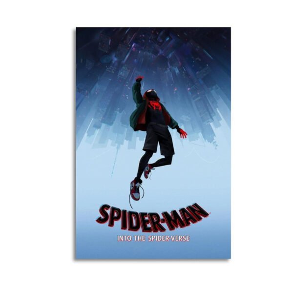 Spider-Man Into the Spider-Verse poster featuring Miles Morales leaping through dimensional cityscape with floating geometric fragments and movie title.