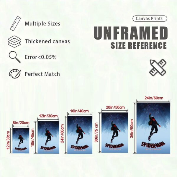 Spider-Man Into the Spider-Verse canvas print size reference chart showing five different dimensions from 8x12 to 24x36 inches with quality specifications.