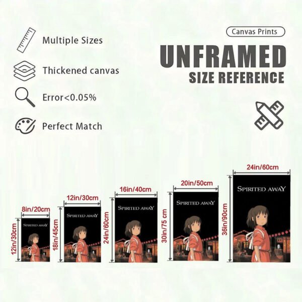 Spirited Away canvas print size reference chart showing five different dimensions from 8in to 24in with quality specifications and thickened canvas features.