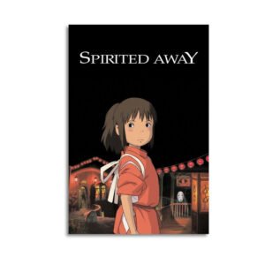 Spirited Away canvas art featuring Chihiro in traditional red outfit against mystical bathhouse backdrop with glowing lanterns and Japanese architecture.