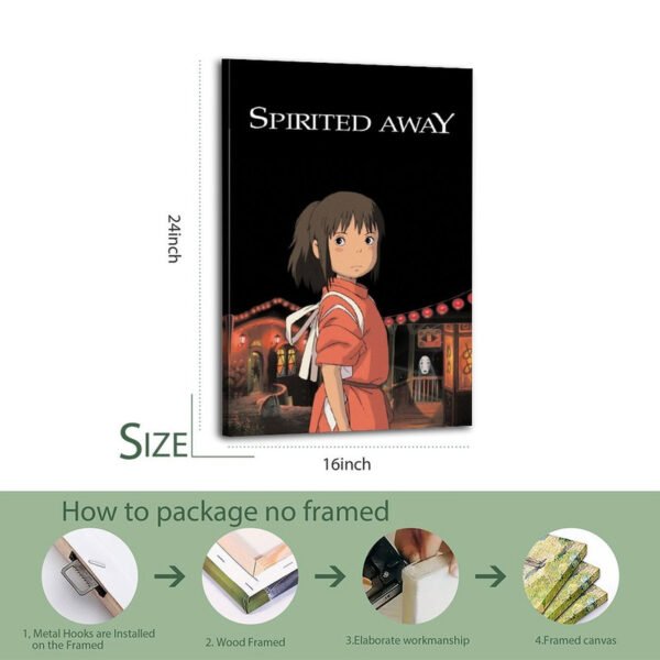 Spirited Away 16x24 inch framed canvas with professional packaging process showing metal hooks, wood framing, elaborate workmanship and final delivery.