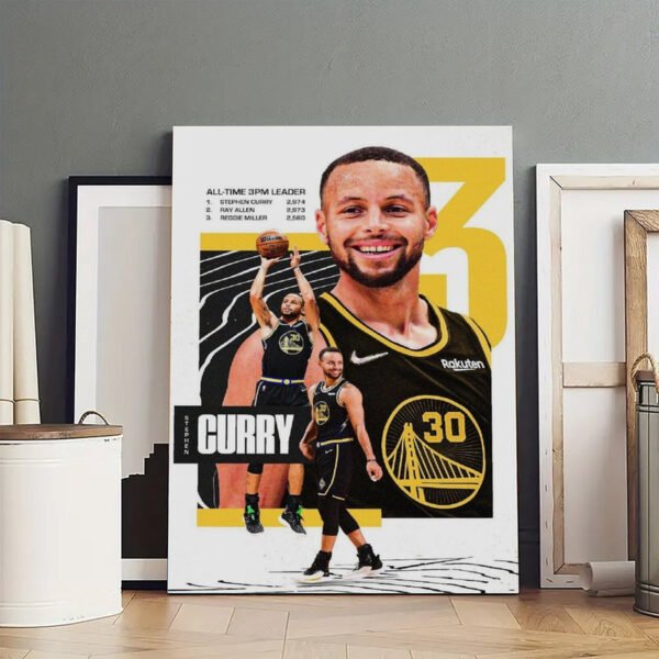 Stephen Curry all-time 3-point leader canvas artwork showing 2,974 record with statistical comparison to Ray Allen and Reggie Miller in art studio setting