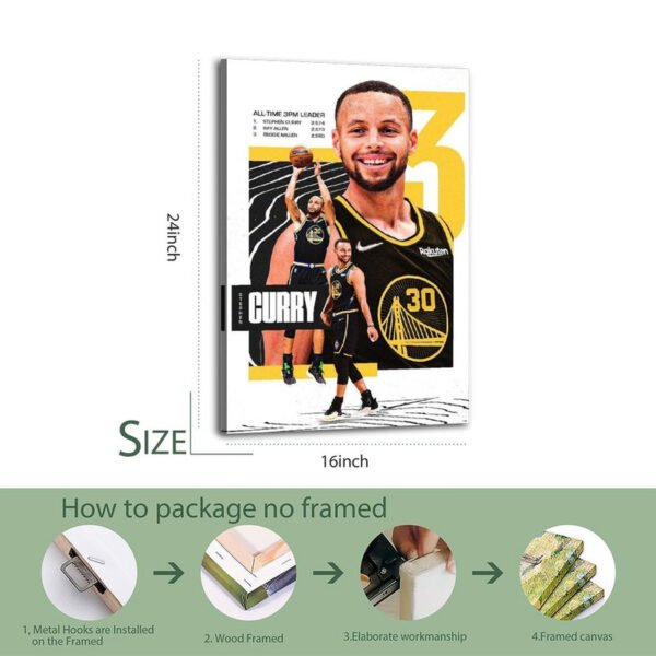 Stephen Curry canvas print packaging process showing 16x24 inch dimensions with 4-step framing workflow from metal hooks to finished canvas