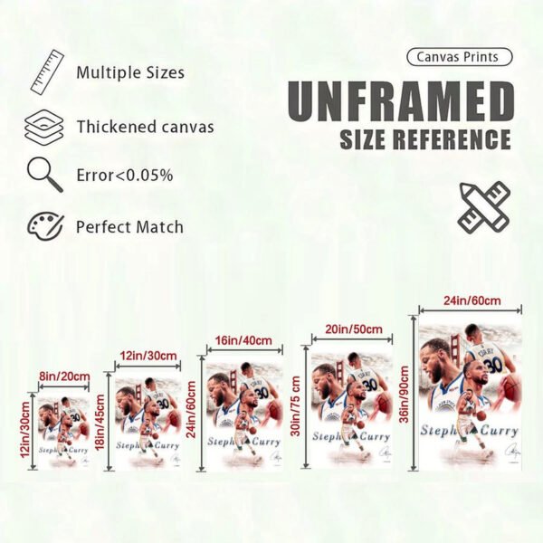Stephen Curry canvas print size reference chart showing five different dimensions from 8x12 to 24x36 inches with quality specifications