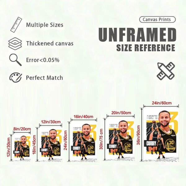 Stephen Curry canvas print size reference chart showing 5 different dimensions from 8x12 to 24x36 inches with quality specifications