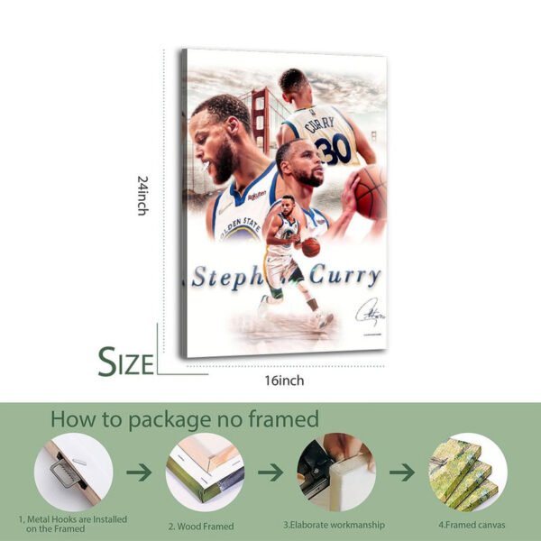 Stephen Curry 16x24 inch framed canvas artwork with professional wood framing and step-by-step packaging process demonstration