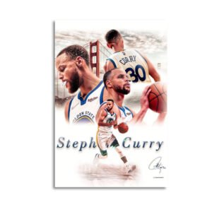 Stephen Curry artistic canvas print featuring multiple basketball poses with Golden Gate Bridge backdrop and authentic signature