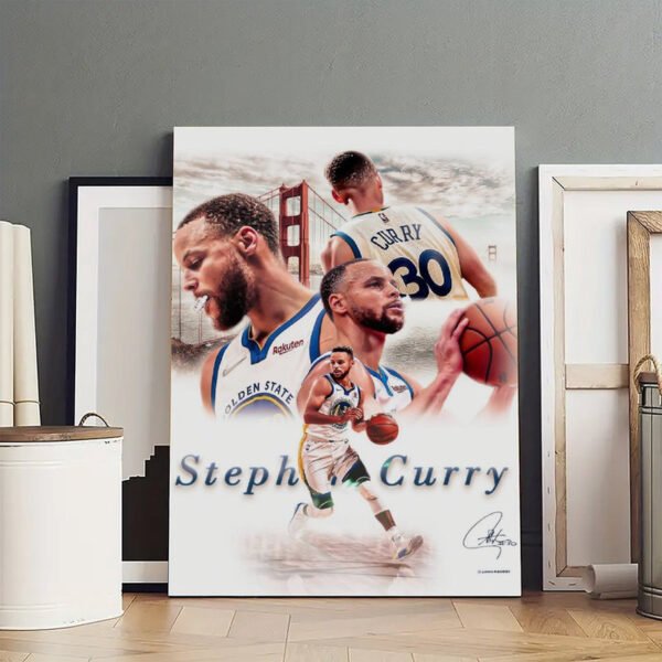Authentic Stephen Curry signed canvas artwork displayed in professional gallery setting with Golden Gate Bridge backdrop