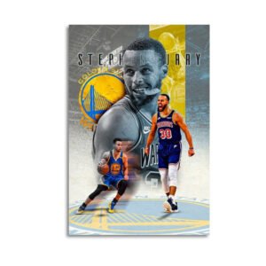 Stephen Curry Warriors poster with team logo and action shots in blue and yellow design
