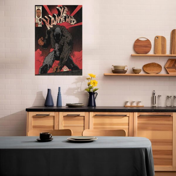The Kanye West comic book canvas print hanging on a white tiled wall in a modern kitchen with natural wood cabinets. The art adds a pop of color and personality above the dining area.