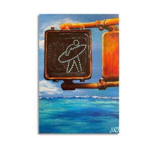 Surreal canvas art featuring illuminated pedestrian crossing signal suspended over turquoise ocean waters with white LED walking figure display.