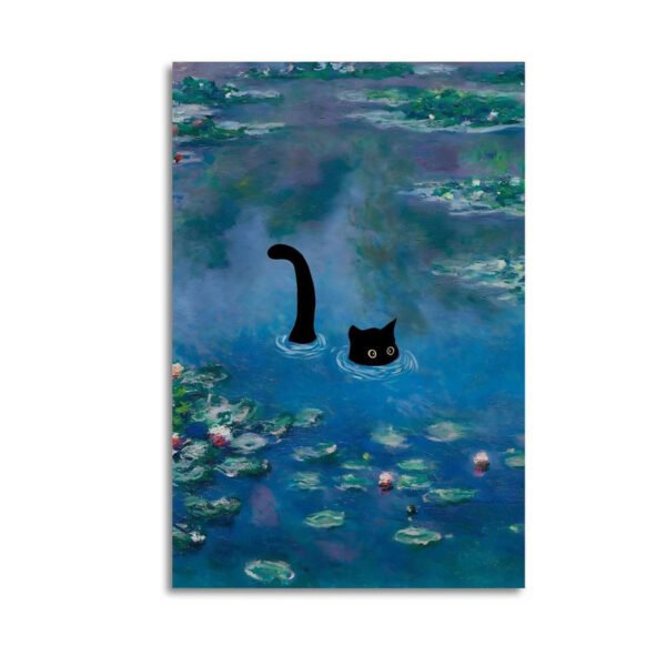 Whimsical impressionist-style artwork showing a black cat swimming in a serene pond with lily pads and water lilies, creating a magical and peaceful scene.