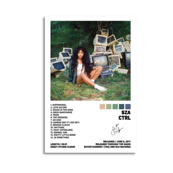 SZA CTRL debut album poster featuring vintage TV aesthetic with complete 14-track listing and release details