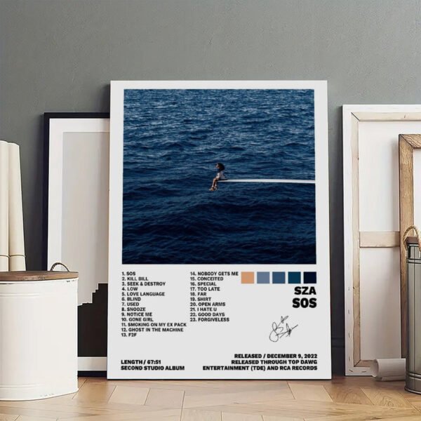 SZA SOS album poster with complete 23-track listing displayed in professional artist studio setting among framed artworks
