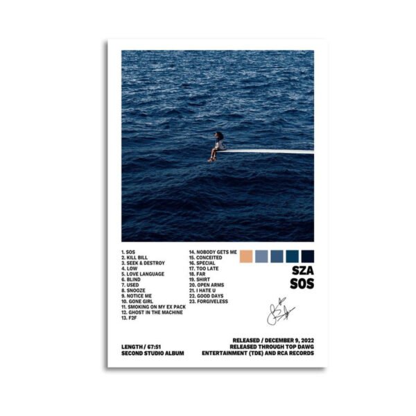 SZA SOS album poster with complete track listing and iconic ocean diving board artwork in white frame
