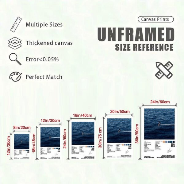 SZA SOS album canvas print size reference chart showing 5 dimensions from 8in to 24in with professional printing specifications