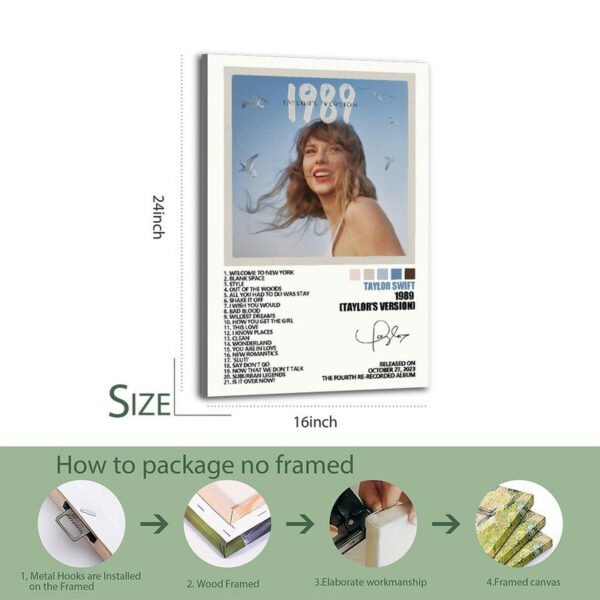 Taylor Swift 1989 Taylor's Version 24-inch framed poster showing complete 21-song track listing with professional packaging process demonstration including wood framing and metal hook installation.