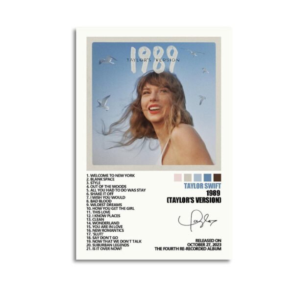Taylor Swift 1989 Taylor's Version poster featuring complete 21-song track listing including vault tracks, with iconic album artwork showing flowing hair against blue sky with seagulls, released October 27, 2023.