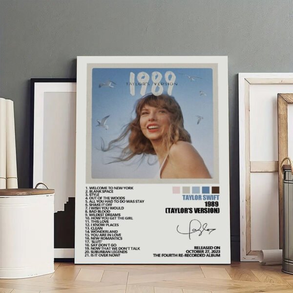 Framed Taylor Swift 1989 (Taylor's Version) album poster with complete 21-song track listing including vault tracks, displayed on wooden floor against concrete wall in modern interior.