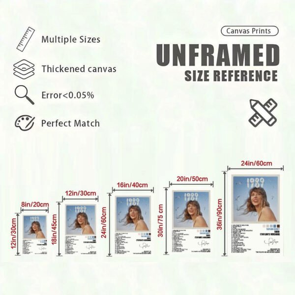 Taylor Swift 1989 Taylor's Version canvas print size reference chart showing 5 different dimensions from 8in to 24in with quality specifications including thickened canvas and perfect match printing.