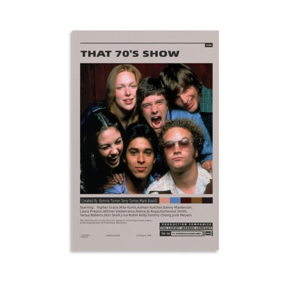 That 70's Show vintage poster featuring main cast including Topher Grace, Mila Kunis, and Ashton Kutcher with show details and production credits from 1998.