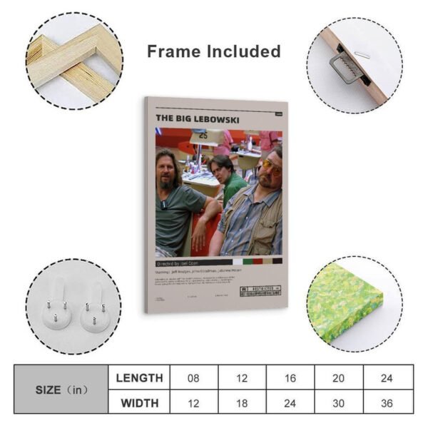 The Big Lebowski movie poster displayed as wall art above white coastal sideboard in mint green Scandinavian-style interior design.