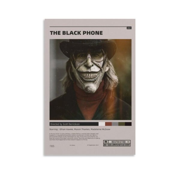 The Black Phone 2021 movie poster featuring The Grabber mask character, directed by Scott Derrickson starring Ethan Hawke, horror movie collectible wall art.
