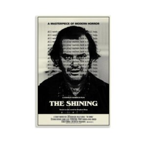 The Shining movie poster featuring Jack Nicholson with typewriter text overlay in black frame