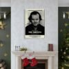 The Shining movie poster displayed above fireplace in elegant Christmas-decorated living room