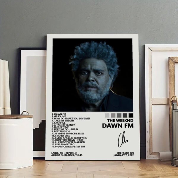 The Weeknd Dawn FM album poster featuring artist portrait with track listing, displayed as wall art in modern interior setting.