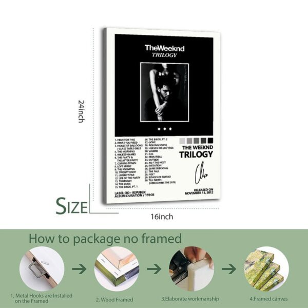 The Weeknd Trilogy framed canvas print with complete 30-song tracklist and professional packaging process demonstration for wood-framed canvas art.