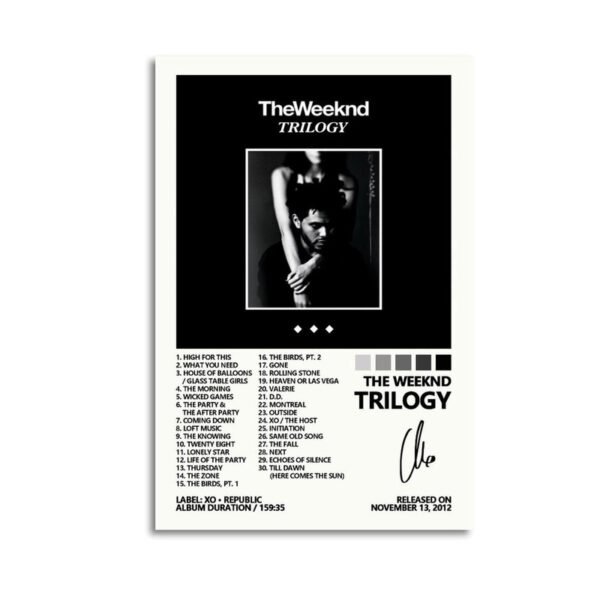 The Weeknd Trilogy minimalist poster design featuring black and white album artwork with complete 30-song tracklist and release information.