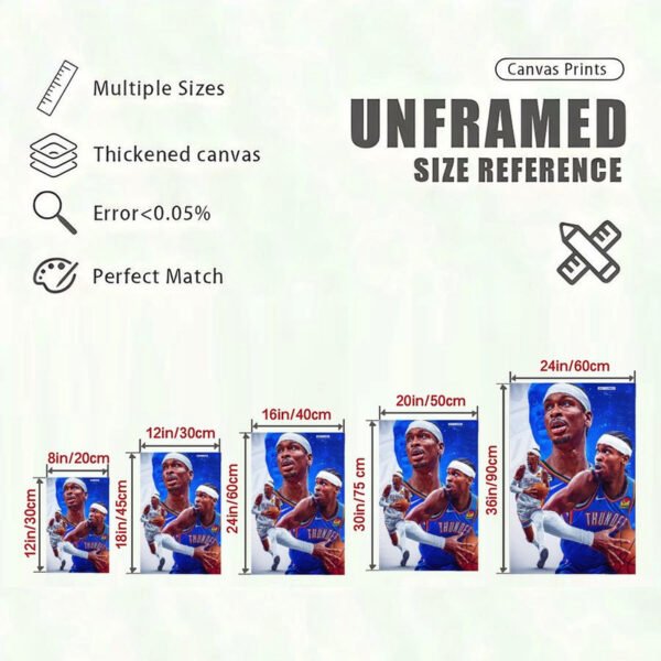 Thunder basketball canvas print size reference chart showing multiple dimensions from 8x12 to 24x36 inches