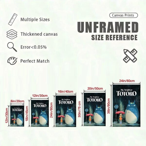 My Neighbor Totoro canvas print size reference chart showing 5 different dimensions from 8in to 24in, featuring thickened canvas and perfect color matching quality.