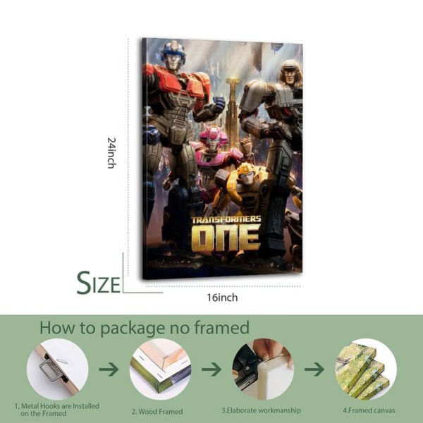 Transformers One canvas print 16x24 inch size with 4-step unframed packaging process demonstration