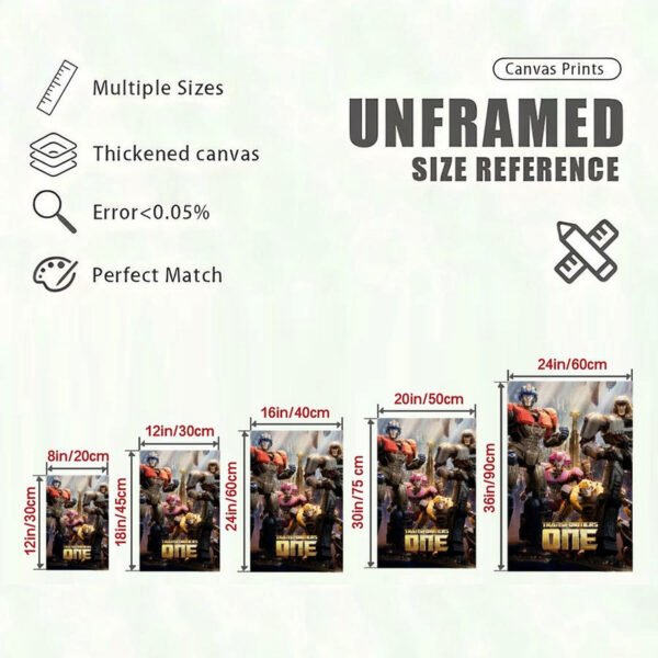 Transformers One canvas print size reference chart showing 5 different unframed dimensions from 8x12 to 24x36 inches