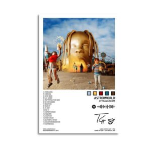 Travis Scott ASTROWORLD album poster featuring golden head sculpture artwork with carnival scene, complete 17-track listing including Sicko Mode and Butterfly Effect, album length 58:33, released August 3 2018, Cactus Jack Epic Records label, psychedelic rap genre, artist signature for wall art decoration.