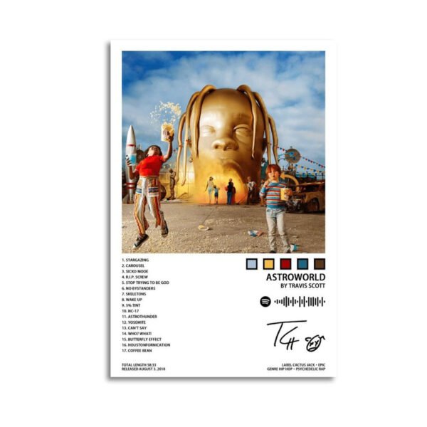 Travis Scott ASTROWORLD album poster featuring golden head sculpture artwork with carnival scene, complete 17-track listing including Sicko Mode and Butterfly Effect, album length 58:33, released August 3 2018, Cactus Jack Epic Records label, psychedelic rap genre, artist signature for wall art decoration.