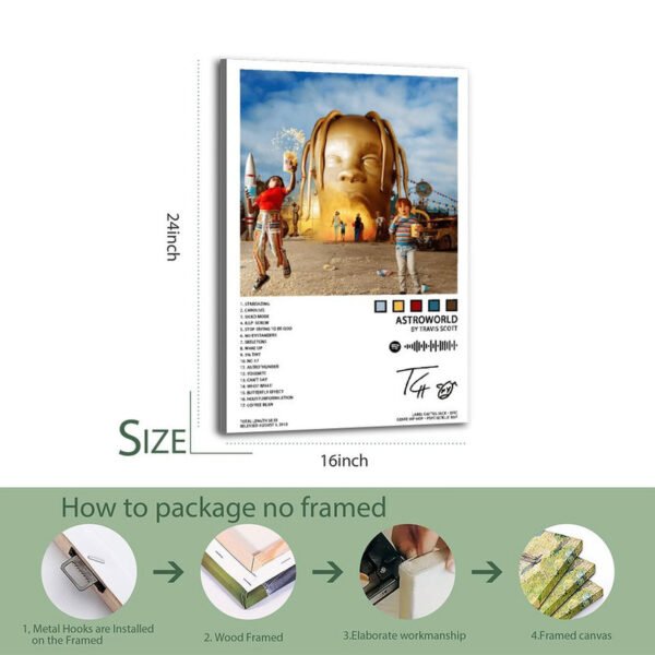 Travis Scott ASTROWORLD framed poster available in 24-inch and 16-inch sizes featuring complete 17-track album artwork with golden head sculpture, wood frame with metal hooks installation, elaborate workmanship and professional packaging process for secure delivery.