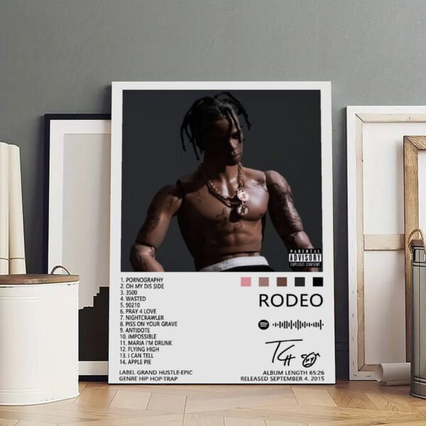 Travis Scott Rodeo album poster with complete track listing in white frame displayed as premium wall art for home decor