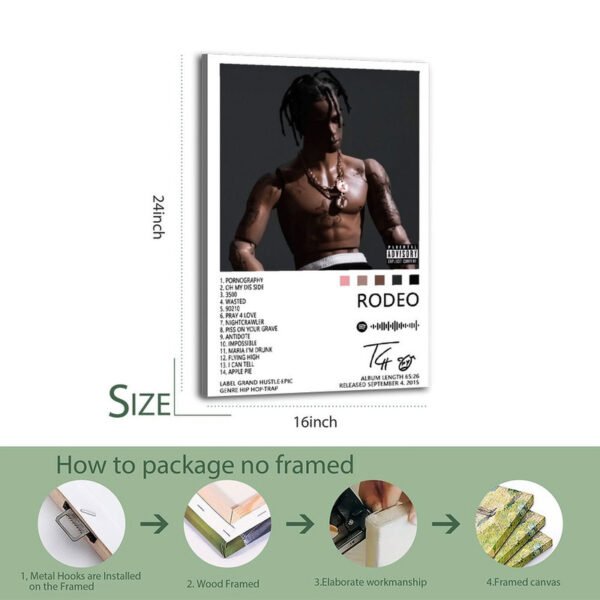 Travis Scott Rodeo unframed canvas poster with track listing showing 16*24 inch sizes and packaging installation guide
